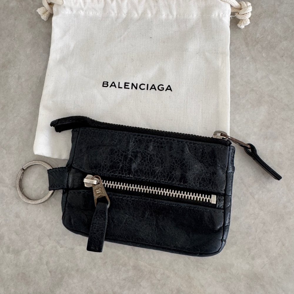 Balenciaga Black Leather Wristlet with Silver Accents